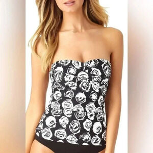Anne Cole Coming Up Roses Twisted Shirred Tankini Swim Top Black White Size S